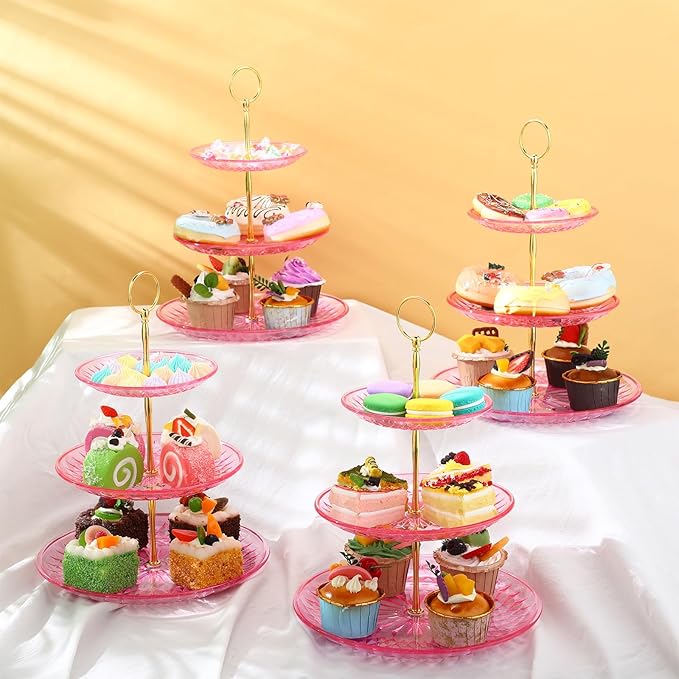 Patelai 8 Packs 3 Tier Crystal Acrylic Clear Cake Stand with Gold Round Holder Acrylic Cupcake Stand Holder for Home Wedding Holiday Birthday Baby Shower Tea Party (Clear Pink)