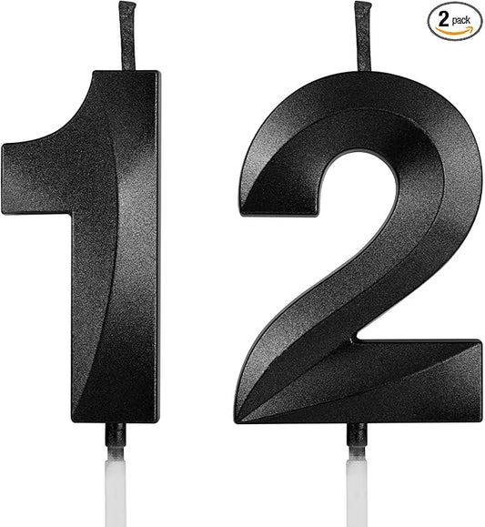 Number 12 Birthday Candles, 1.96 Inch Happy Birthday Cake Candles Cupcakes Topper Decoration for Birthday Party Wedding Anniversary Celebration Supplies (Black)