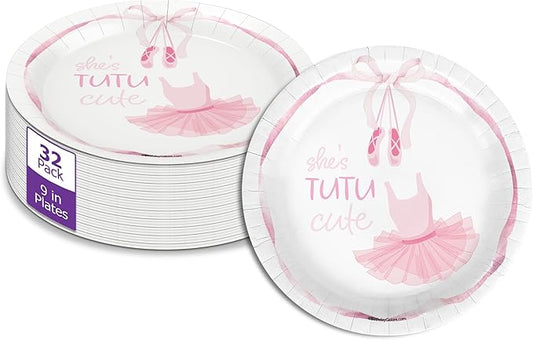 She's Tutu Cute Pink Bows Second Birthday - 32 Piece Disposable Party Supplies - Decorations for Ballerina 2nd Birthday Round Party Plates - Large 9" Paper Plates In Bulk