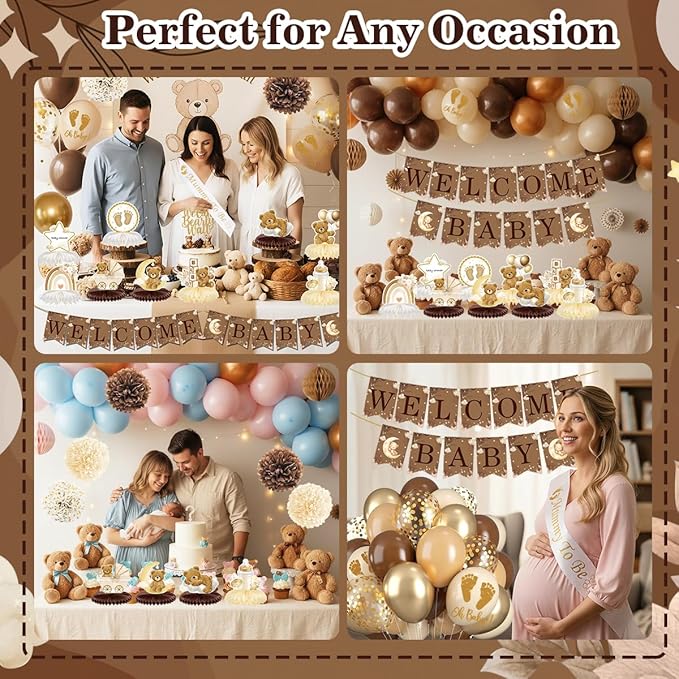 Baby Shower Decorations Set, Teddy Bear Brown White Gold Party Supplies with Balloons, Welcome Baby Banner, Paper Flowers, Gender Reveal We Can Bearly Wait Party Decoration for Boy Girl