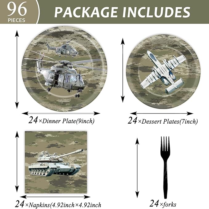 Camo Army Birthday Party Supplies Army Party Paper Plates And Napkins Camouflage Party Tableware Army Soldier Camouflage Party Disposable Dinnerware for Birthday Baby Shower Party Decoration Serve 24