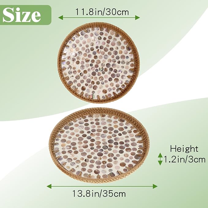 Round Rattan Tray with Mother of Pearl Inlay, Handwoven Wicker Coffee Table Serving Basket Tray for Fruit Snack Party Picnic Cafe Bedroom Kitchen Home Decor Set of 2 (Apricot Dot)
