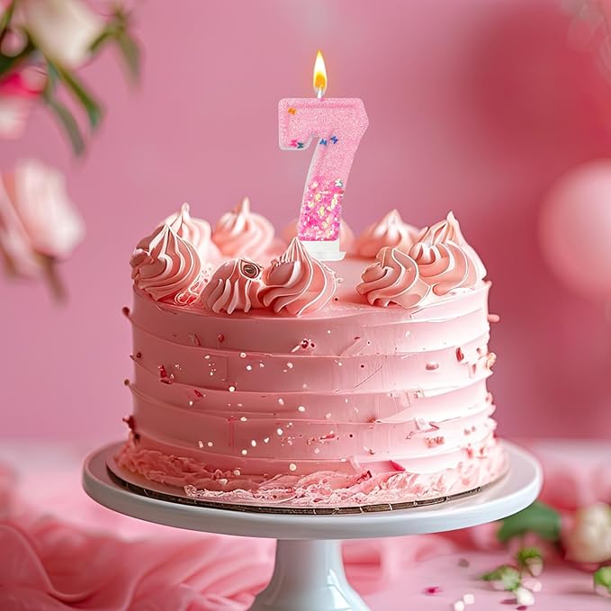 Pink Sequin Birthday Candles, Cake Number Candles, Girls 0th Birthday Decorations, Suitable for Birthday Parties, Anniversary Party Decorations(7)