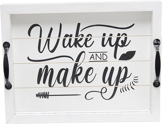 Elegant Designs HG2032-WWM Salento Farmhouse Rectangular Decorative LED Light Up Wooden Serving Tray w Metal Handles & Wake up and Make up in Black for Décor, Centerpiece, Breakfast, Bar, Whitewash