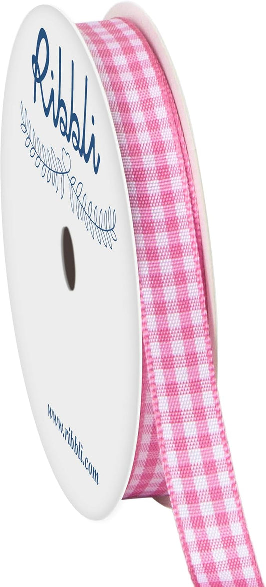 Ribbli Pink and White Gingham Ribbon,100% Polyester Woven Edge,3/8 Inch x 10 Yard,Plaid Ribbon Use for Gift Wrapping,Party Decoration