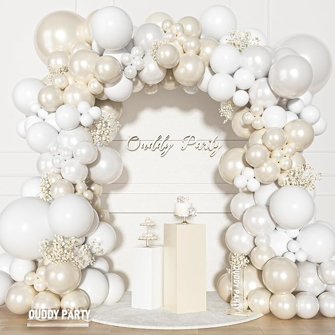 Ouddy Party Pearl White Balloon Garland Arch Kit, Different Sizes 18 12 10 5 Inch Double Stuffed Pearl Sand White Cream Ivory Latex Confetti Balloon for Wedding Bridal Shower Birthday Party Decoration