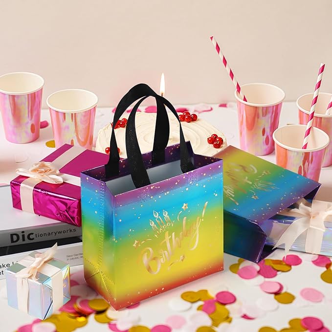 huichuan 12 Pack Rainbow Birthday Bags for Girls, 8x3.9x8 Inches Colorful Small Happy Birthday Bag with Bases for Kids, Girls, Boys Party Favors & Gift Packaging