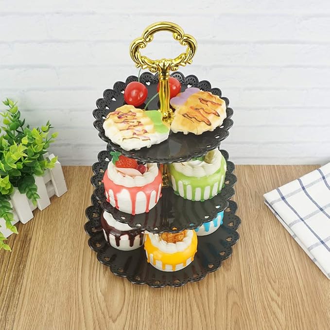 Artliving 3-Tier Plastic Cake Stand Dessert Stand Cupcake Stand Tea Party Serving Platter Black Gold