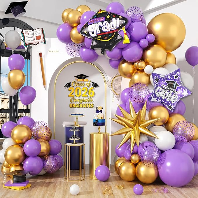 Graduation Balloon Arch Garland Kit, 2026 Graduation Party Decoration, Purple Gold Balloon with Congrats Grad Hat 2026 Number Balloons for College School Class of 2026 Congrats Party Supplies