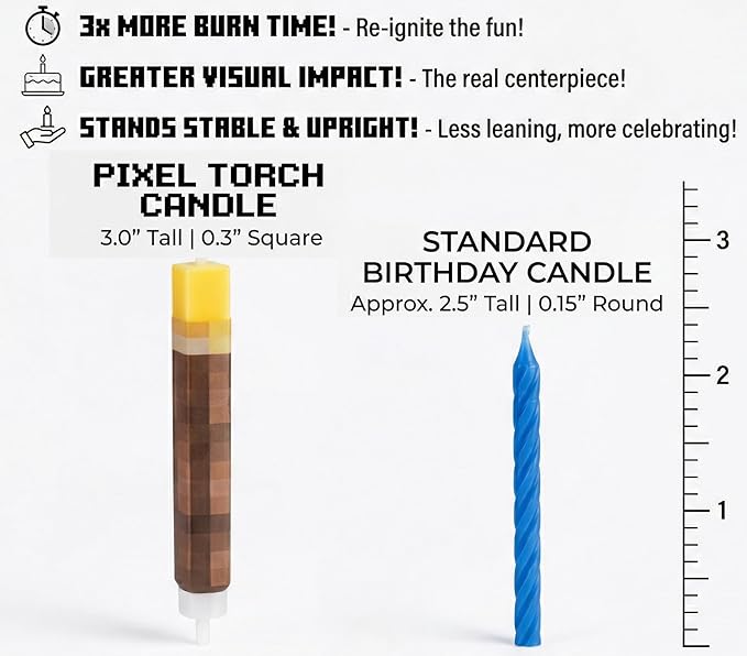 Pixel Torch Birthday Candles (8 Pack) - Large 3-Inch Wax Cake Toppers for Video Game Party Decorations - Novelty Gaming Themed Candle Set for Boys Level Up Celebration