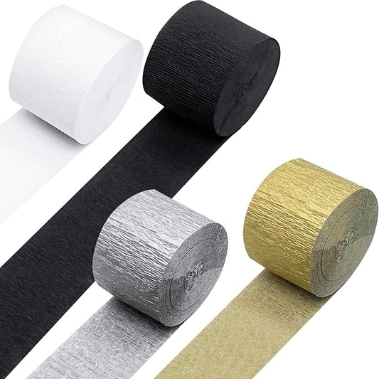 PheiLa Crepe Paper Streamers 4 Rolls 328ft, White Black Gold Silver Paper Party Streamers for Wedding Graduation Anniversary Birthday Baby Shower Backdrop Decoration Supplies