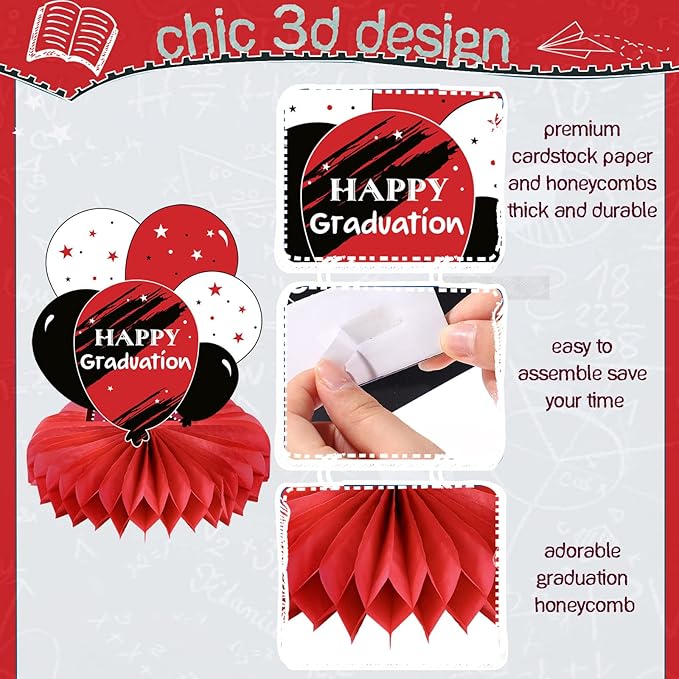Honoson 12 Pcs 2026 Graduation Party Decorations Class of 2026 Congrats Grad Table Centerpieces Congratulate Graduation Honeycomb Table Toppers for Grad Party Favor Supplies(Red, Black)
