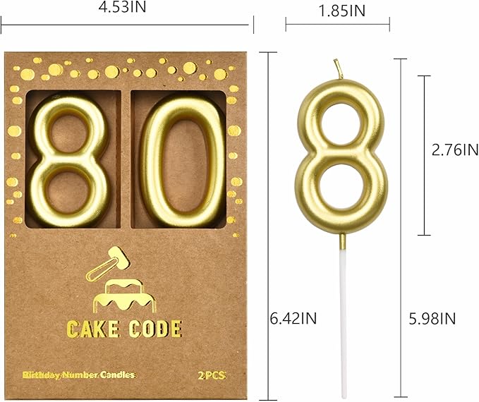 2.76 Inch Classical Gold 80 Number Birthday Candles, Gold and Cake Number Candles for Party Celebration