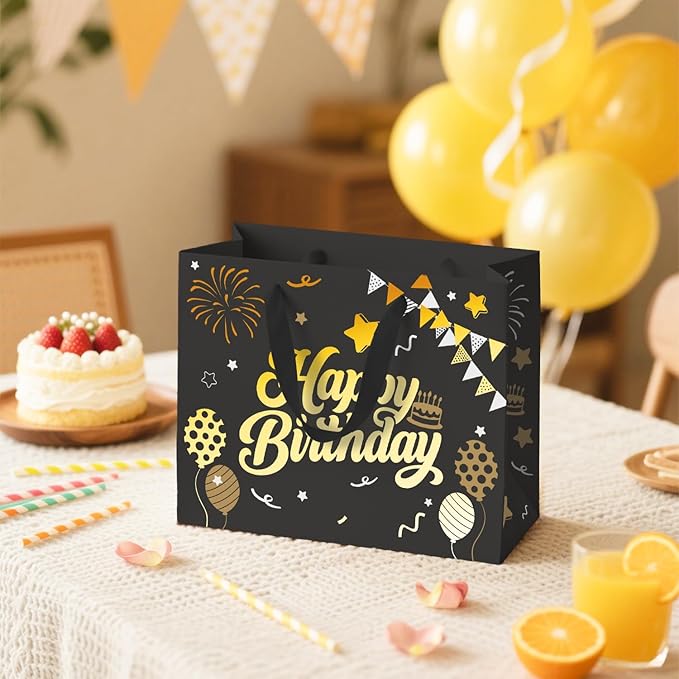 13” Black Birthday Gift Bag with Tissue Paper and Greeting Card, Happy Birthday Gift Bags for Party, Hot Foil Stamping Design Gift Wrap Bags Decor for Men, Women and Kids, 1 PCS, Medium Size