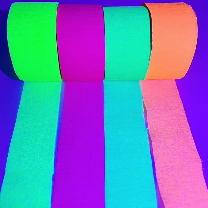 840feet Blacklight Party Streamer Decorations 8 Rolls Glow Crepe Paper UV Reactive Fluorescent Neon Paper Streamers Glow Party Supplies and Decorations for Wedding, Birthday, Neon Party, Fiesta Party