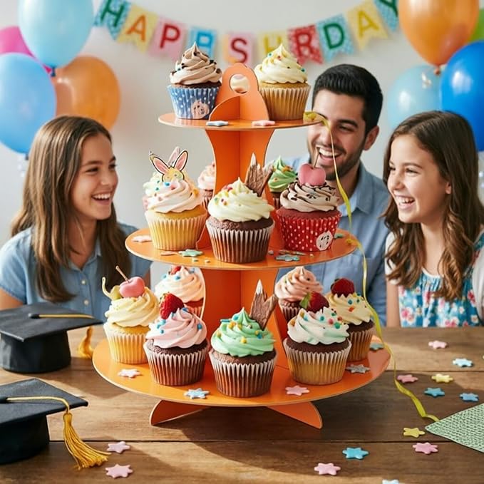 YLDW Cupcake Stand, 3-Tier Cupcake Stand Display, Cardboard Cup Cake Tower Stand, Disposable Dessert Stand for Birthday Tea Party Baby Shower Treat Decorations, Orange