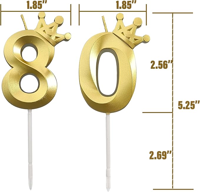 The Number 80 Gold Birthday Candles for Cake is Beautiful Number Candles for 80th Birthday Decorations for Man and Women(Gold-80, Crown)