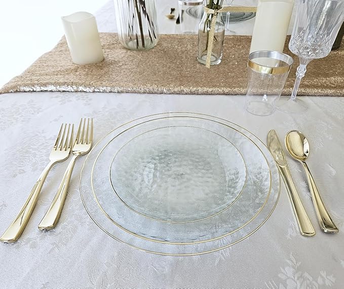 " OCCASIONS " 100 Plates Pack (50 Guests) Wedding Party Disposable Plastic Plate Set -50 x 10'' Dinner + 50 x 7'' Salad/dessert plates (Coastal Clear & Gold)