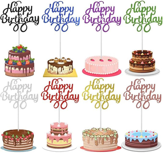 40 Pieces Happy Birthday Cake Toppers - Glitter Picks for Dessert Decorations - Party Supplies in 8 Colors
