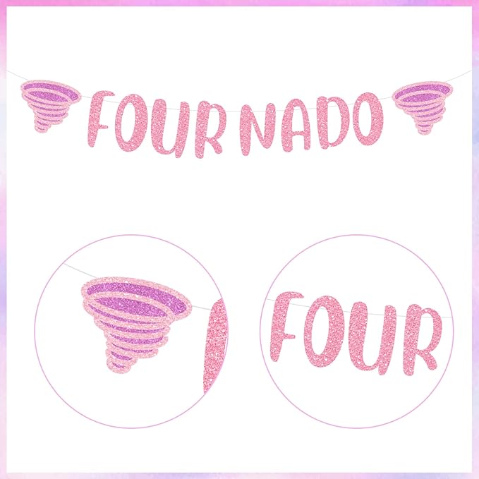 Fournado Birthday Party Decorations for Girls Tornado 4th Birthday Party Supplies with Four Nado Banner Cake Cupcake Toppers for Girls Tornado Bday Party Decors