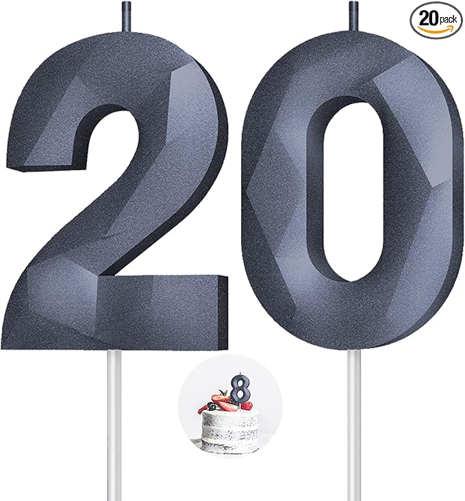 Number Birthday Candles(20 Candle Black) 3D Diamond Shape 20th Happy Birthday Cake Topper Decorations for Boy Men Birthday Wedding Anniversary Celebration Theme Party Supplies
