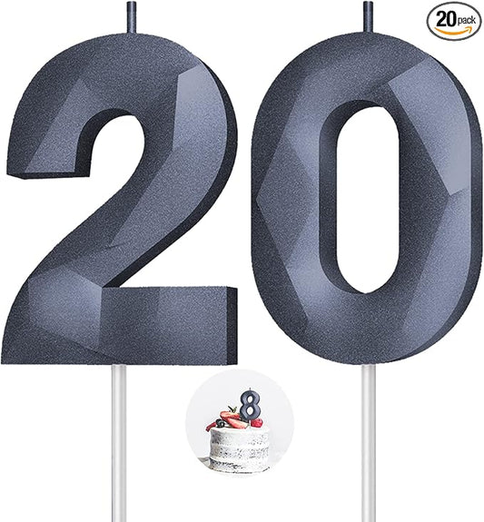 Number Birthday Candles(20 Candle Black) 3D Diamond Shape 20th Happy Birthday Cake Topper Decorations for Boy Men Birthday Wedding Anniversary Celebration Theme Party Supplies
