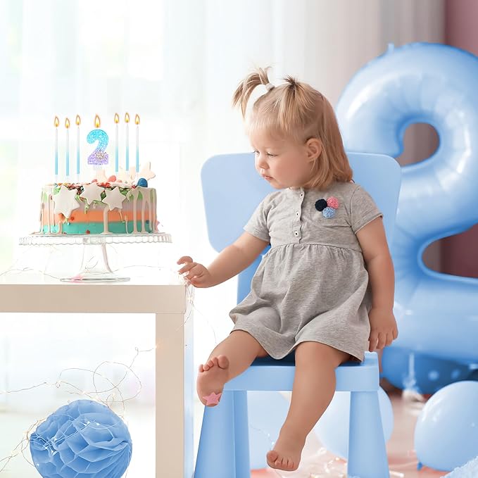 MTLEE Number 2 Birthday Candle Blue Snowflake with 6 Long Thin Cupcake Candles Blue Sparklers Glitter Number Happy Birthday Cake Topper Decorations for Winter Party Supplies