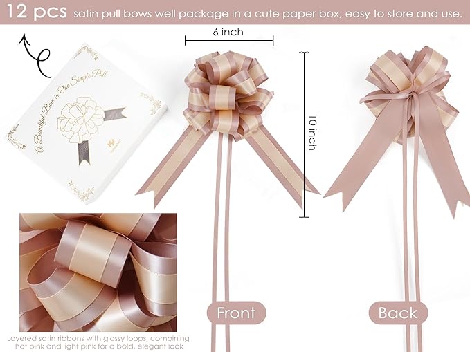 HUIHUANG Dusty Rose Pull Bows 6" x 10" Dusty Rose and Peach Double Layer Satin Gift Bows 12 PCS Pull Bow for Gift Wrapping, Gift Basket, Wine Bottles, Birthday, Wedding, Party Decor