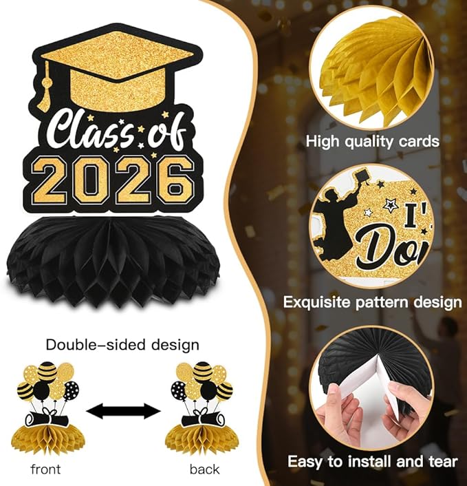 Graduation Decorations Class of 2026 Honeycomb Centerpieces, 9PCS Graduation Centerpieces for Tables, Congrats Grad Table Toppers Decor for 2026 Graduation Party Decoration Favor Supplies (Black Gold)