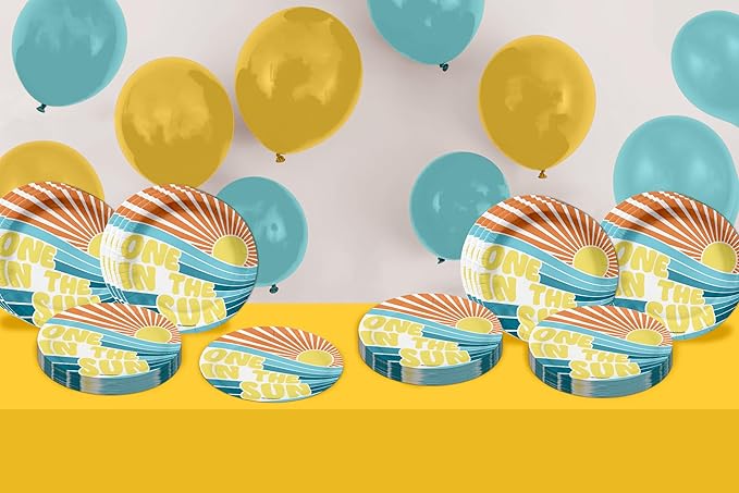 One In the Sun Summer First Birthday - 32 Piece Disposable Party Supplies - Decorations for Boy's 1st Birthday Round Party Plates - Large 9" Paper Plates In Bulk
