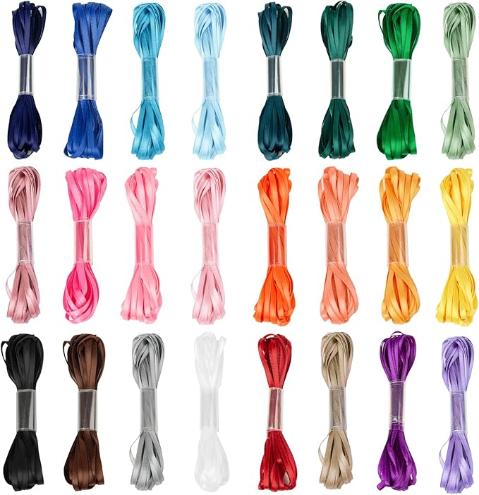 1/8 Inch Thin Ribbon for Crafts, Assorted Colorful Bulk Pack 120Yds, Double Faced Satin Set, Skinny Silk Fabric for Christmas Ornaments, Hair Bows, Sewing, Gift Wrapping