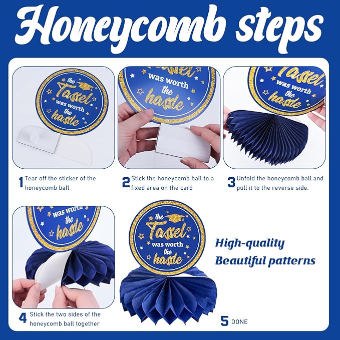Graduation Decorations Class of 2026 Blue Congrats Grad Honeycomb Centerpieces Congratulate Graduation Table Toppers for Graduation Party Supplies (Blue Gold)