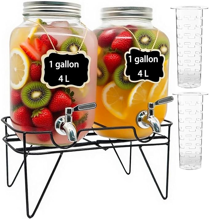 1 Gallon Glass Drink Dispensers For Parties 2PACK, Beverage Dispenser, Glass Drink Dispenser with Stand Stainless Steel Spigot, Lemonade Dispenser for BBQ Picnic, Party