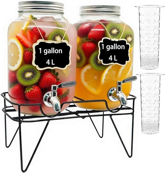 1 Gallon Glass Drink Dispensers For Parties 2PACK, Beverage Dispenser, Glass Drink Dispenser with Stand Stainless Steel Spigot, Lemonade Dispenser for BBQ Picnic, Party