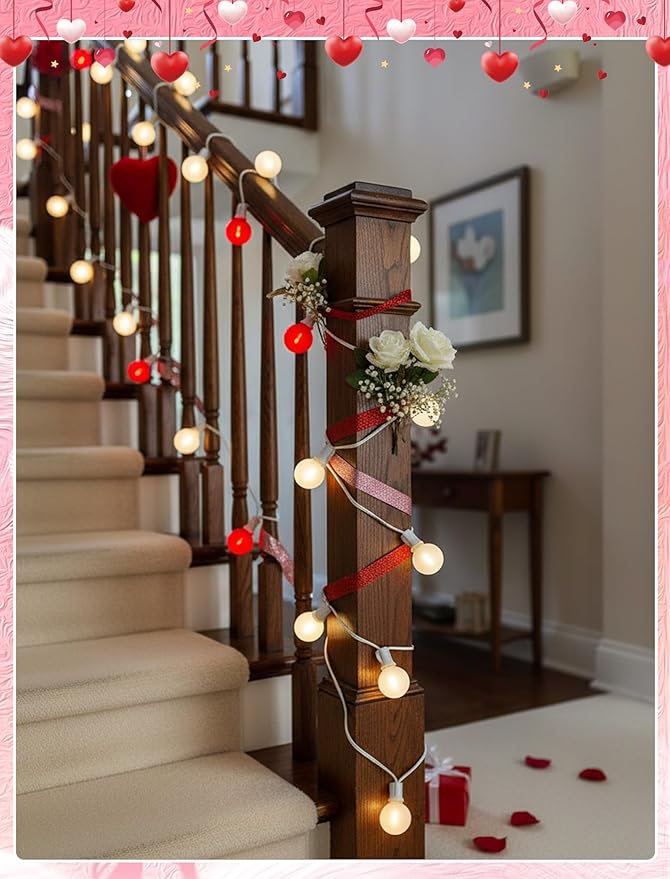 25FT LED Valentine’s Day String Lights, 25 G40 Valentines Decoration Lights Outdoor with Frosted Red White Bulbs, Hanging Patio Lights Shatterproof for Mother's Day Decor Wedding Party, White Wire