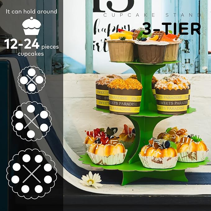 2 Pack 3-Tier Cupcake Stand,Green Cardboard Dessert Display Tower Holds 24 Cupcakes,for Birthdays & Theme Parties Supplies Decor