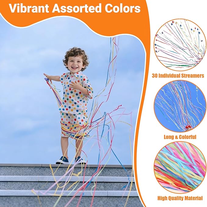 20 Pack No-Mess Handheld Streamer Party Poppers - Colorful Pull String Poppers for Birthdays & Celebrations