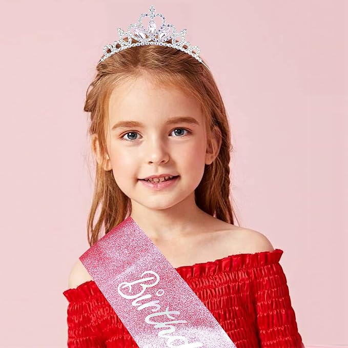 COCIDE Princess Sash and Tiara Set for Girls and Women - Happy Birthday Party Accessories Kit with Pink Crown, Crystal Rhinestone Tiara, Glitter Sash Decorations