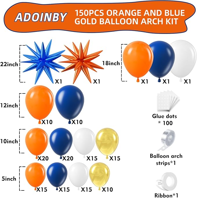 Blue and Orange Gold Balloon Arch Kit, Navy Blue Orange Metallic Gold White Balloon Garland kit, Different Size Balloons for Girl Birthday Anniversary Baby Shower Graduation Party Decorations