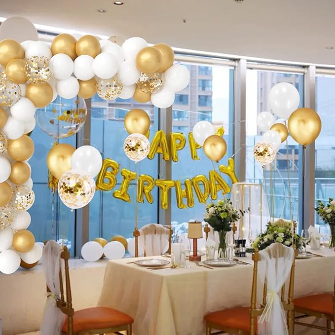90Pcs White and Gold Balloons Set, 12 Inch Gold and White Balloons, Gold Confetti Latex Balloons for Birthday Anniversary Wedding
