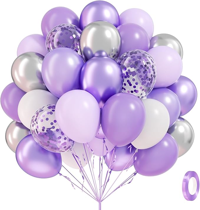 60pcs Purple and Silver Balloons 12inch with Pearl Purple White Metallic Silver Confetti Balloons for Wedding Bridal Baby Shower Birthday Party Decorations