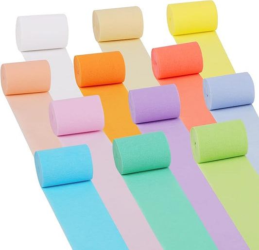 Oubest Pastel Crepe Paper Streamers Party Decorations, 12 PCS Crepe Paper Rolls Colorful Streamers for Pastel Rainbow Birthday, Baby Shower, Wedding Mermaid Candyland Party Backdrop Decor DIY Crafts