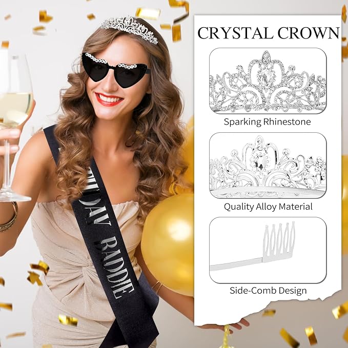 KICOSY 3PCS Birthday Baddie Sash, Crystal Crown and Sunglasses Funny Baddie Outfits Birthday Party Accessories