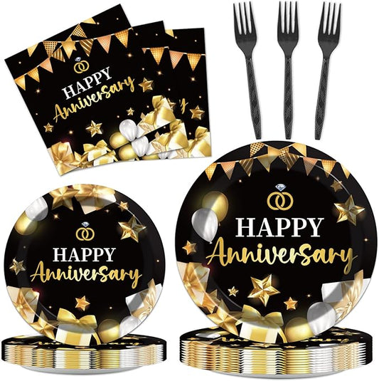 chiazllta 96 Pcs Anniversary Party Paper Plate and Napkins Gold Black Disposable Tableware Wedding Anniversary Party Supplies for 40th 50th 60th Wedding Favors 24 Guests