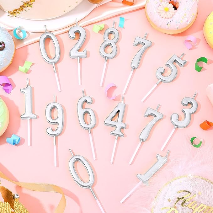 32 Pieces Numeral Birthday Candles Silver Cake Glitter Candles Number 0-9 Cake Decoration for Child's Milestone Birthday Celebration Ten-Year Milestone Anniversary Party Celebration (Silver)
