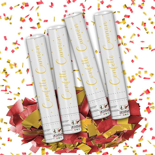 12" Red & Gold Confetti Cannons - Party Poppers for Wedding Birthday Graduation New Year Celebrations - Easy-to-Use - Pack of 4