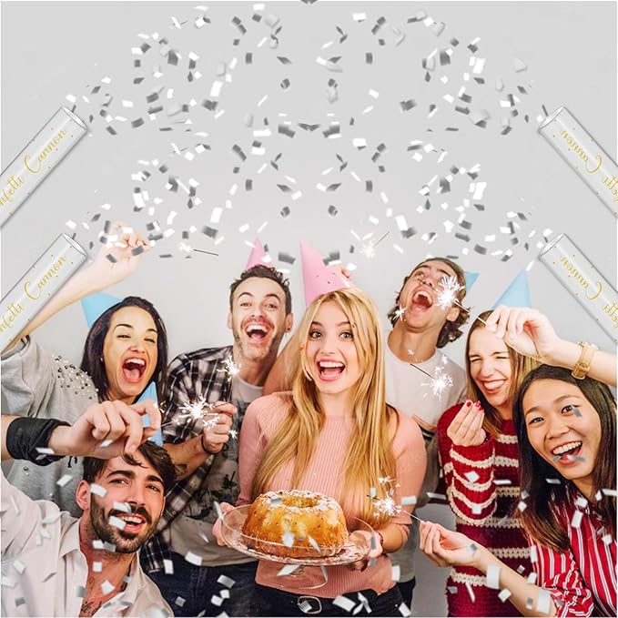 12" Silver & White Confetti Cannons - Party Poppers for Birthday Graduation Retirement Wedding New Year Celebrations - Easy to Use - Pack of 6