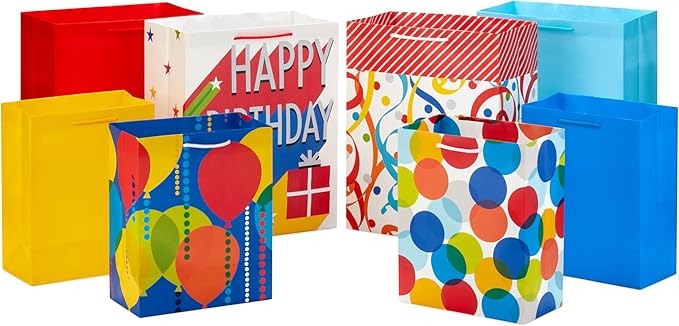 Hallmark Assorted Birthday Gift Bags (8 Bags: 4 Medium 9", 4 Large 13") for Kids, Teachers, Grandchildren, Adults, Siblings, Parties