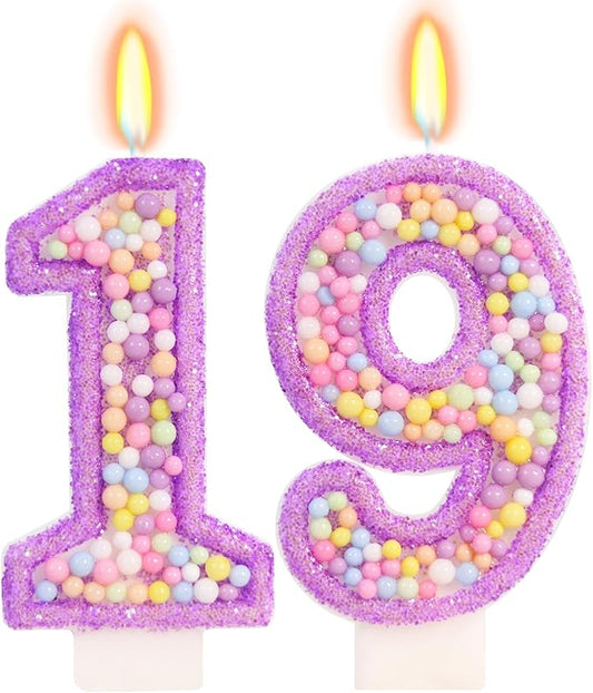 Purple Birthday Candles - Number 19 Candle, Colorful Macaron Candles, 19 Birthday Decorations for Girls, Purple Cake Decorations, Theme Party Supplies