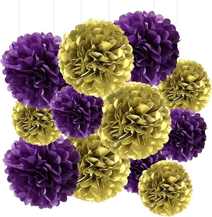 Purple and Gold Tissue Paper Pom Poms Hanging Tissue Flowers Poms Decorations Pack of 12 for Wedding, Birthday,Party Backdrop Decor ect. (12", 10",Tissue Paper Flowers)